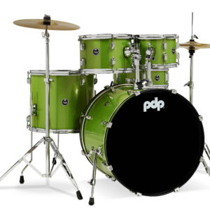 Center Stage Electric Green Sparkle 5pc Kit 7x10, 8x12, 14x16F, 16x22, 5x14 Snare. Hardware, Cymbals & Throne Included