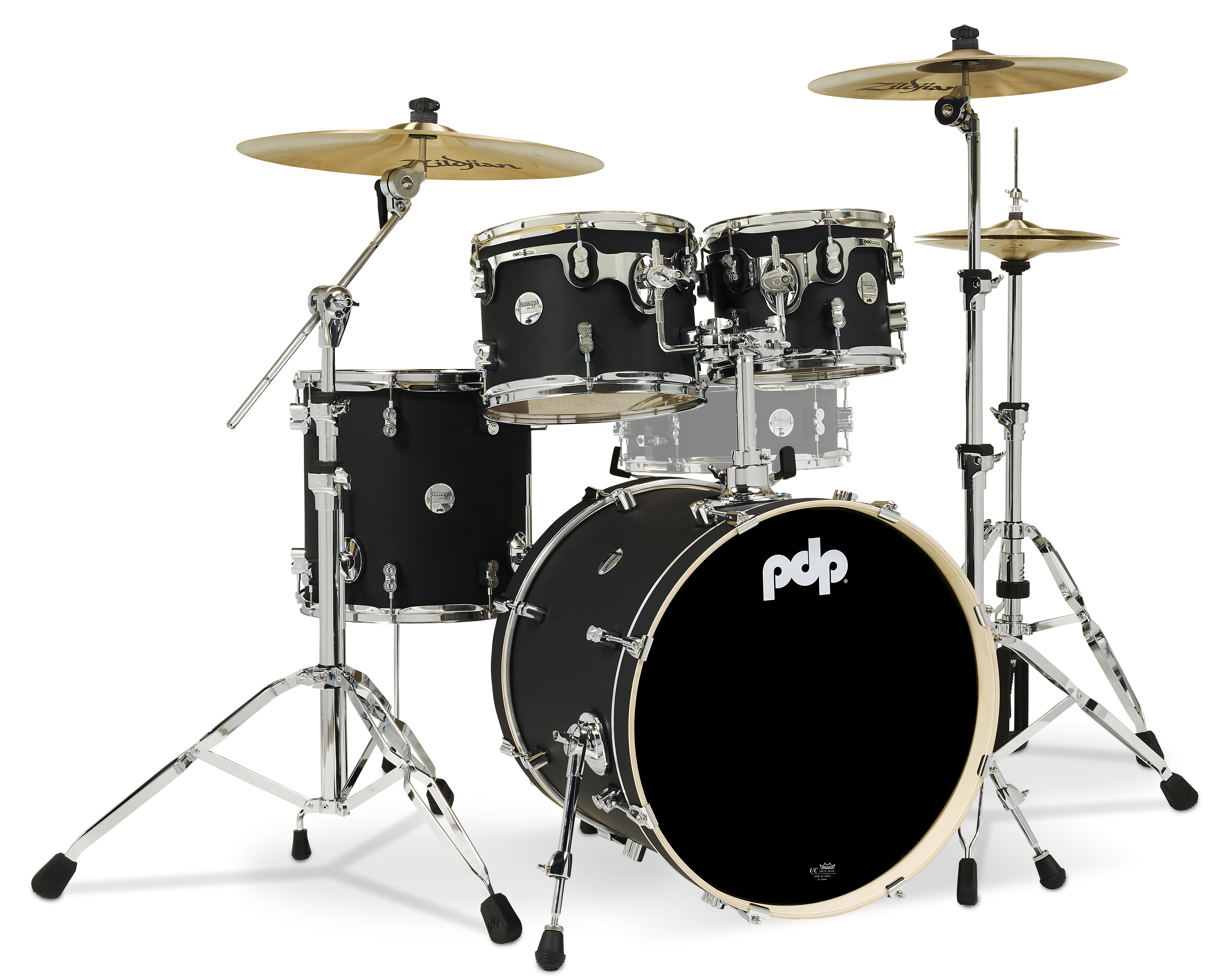 PDP Concept Maple 4-Piece Fusion Shell Pack, Satin Black Finish Ply w/ Chrome Hardware; 8x10, 9x12, 14x14, 16x20