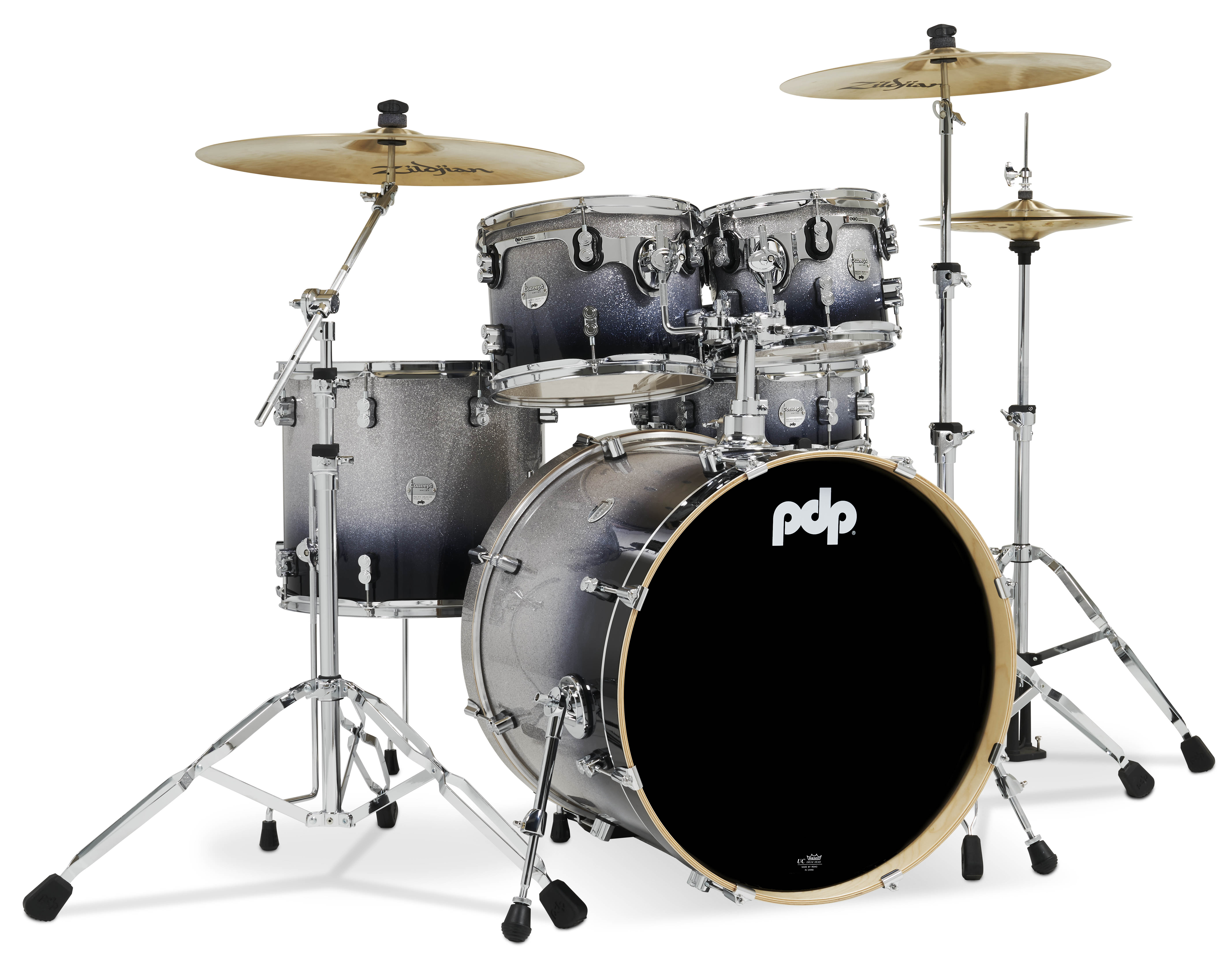 PDP Concept Maple 5-Piece Shell Pack, Silver to Black Fade Lacquer w/ Chrome Hardware; 8x10, 9x12, 14x16, 18x22, 5.5x14